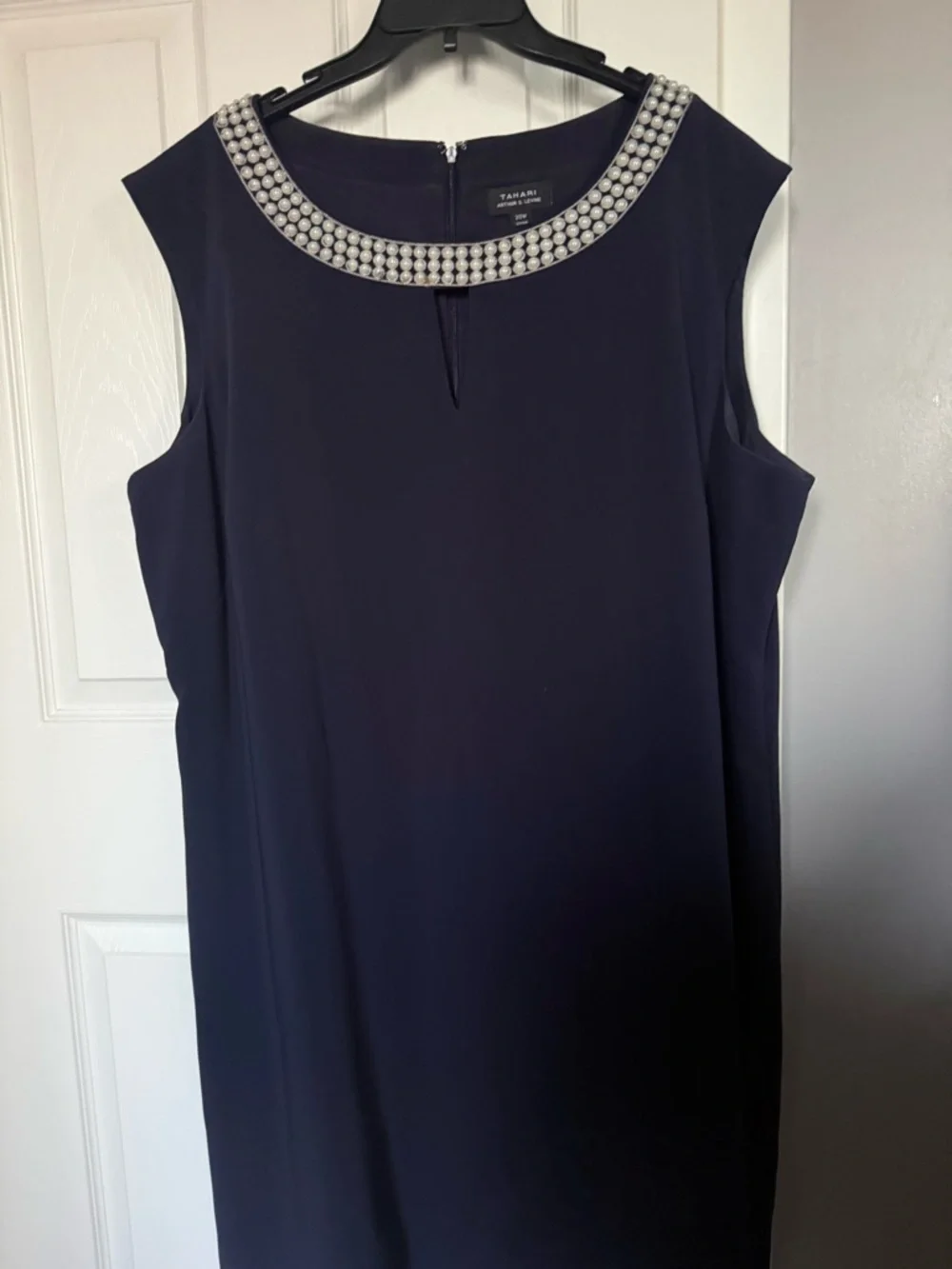 Tahari ASL Navy Shift Dress with Pearl-Embellished Collar - Picture 2 of 9